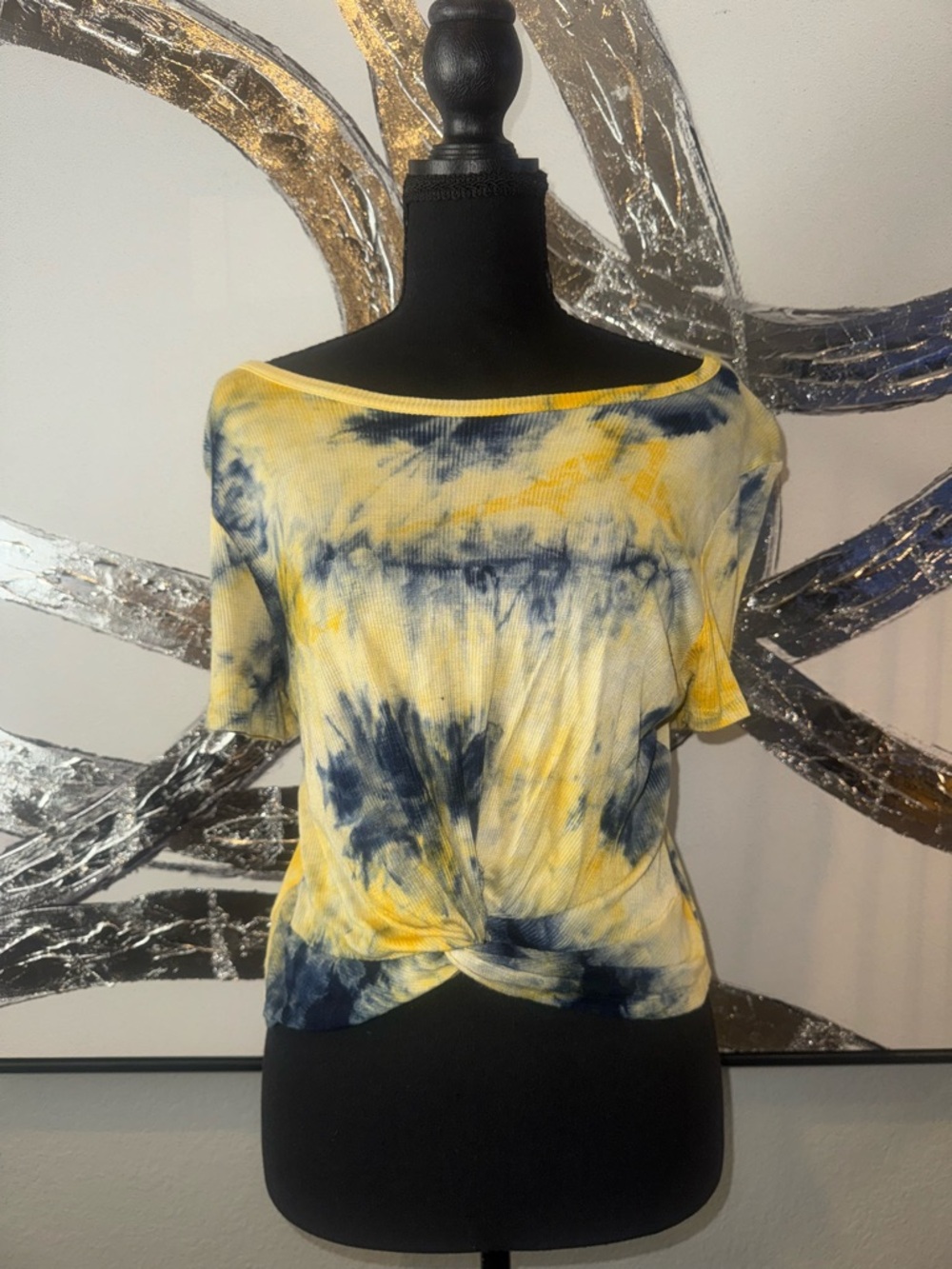 Yellow & Navy Tie-Dye Knot Front Crop Top